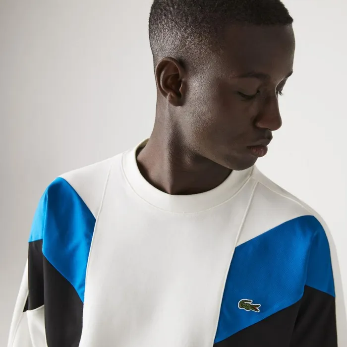 Sweaters and Sweatshirts Men Lacoste Mens Crew Neck Colorblock Cotton Fleece Sweatshirt White Blue Black Wza