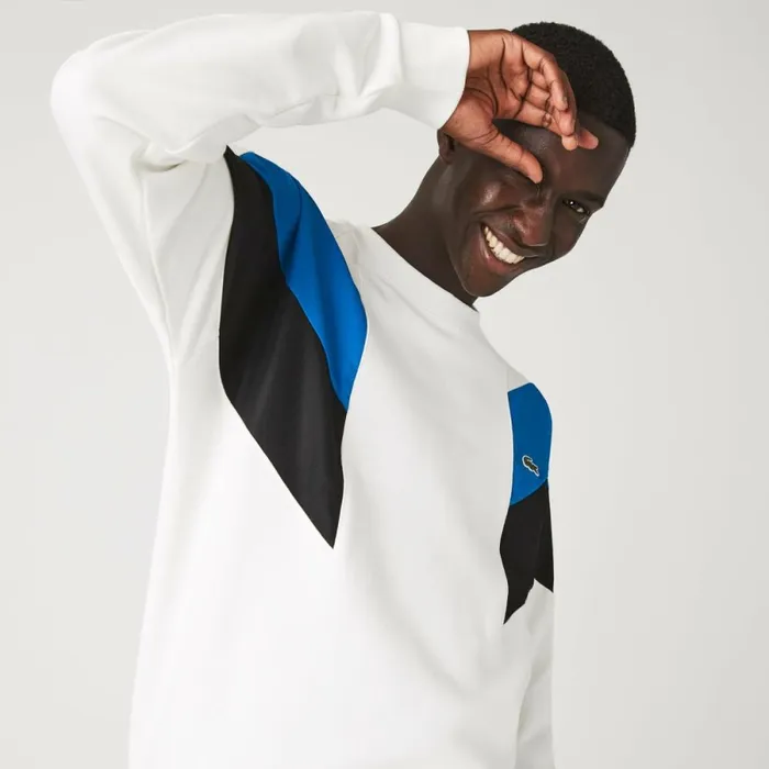 Sweaters and Sweatshirts Men Lacoste Mens Crew Neck Colorblock Cotton Fleece Sweatshirt White Blue Black Wza