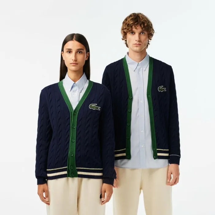 Sweaters and Sweatshirts MenWomen Lacoste Unisex Cable Knit Organic Cotton Cardigan Navy Blue White Qrn