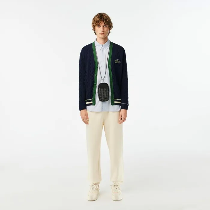 Sweaters and Sweatshirts MenWomen Lacoste Unisex Cable Knit Organic Cotton Cardigan Navy Blue White Qrn