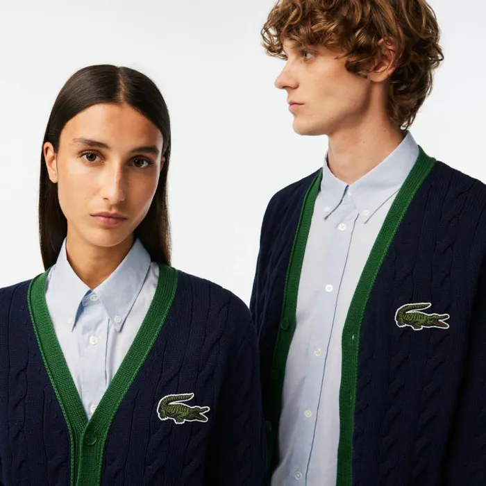 Sweaters and Sweatshirts MenWomen Lacoste Unisex Cable Knit Organic Cotton Cardigan Navy Blue White Qrn