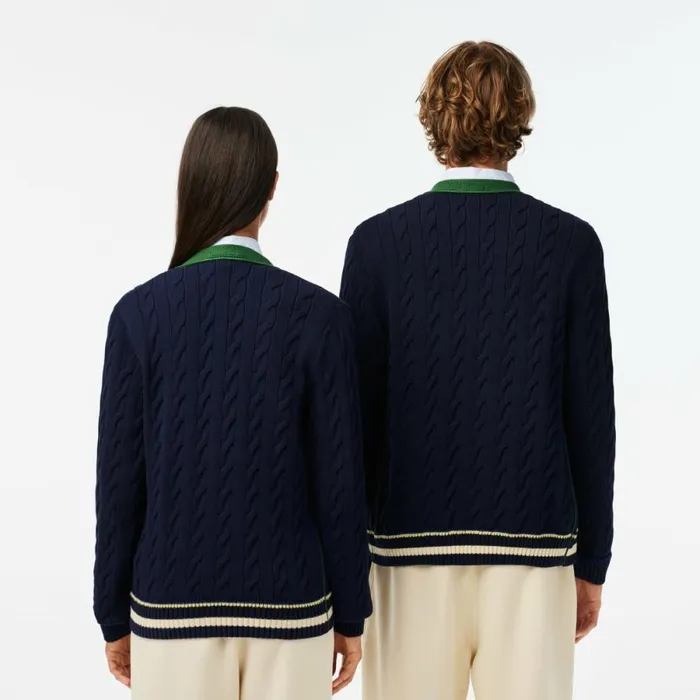 Sweaters and Sweatshirts MenWomen Lacoste Unisex Cable Knit Organic Cotton Cardigan Navy Blue White Qrn