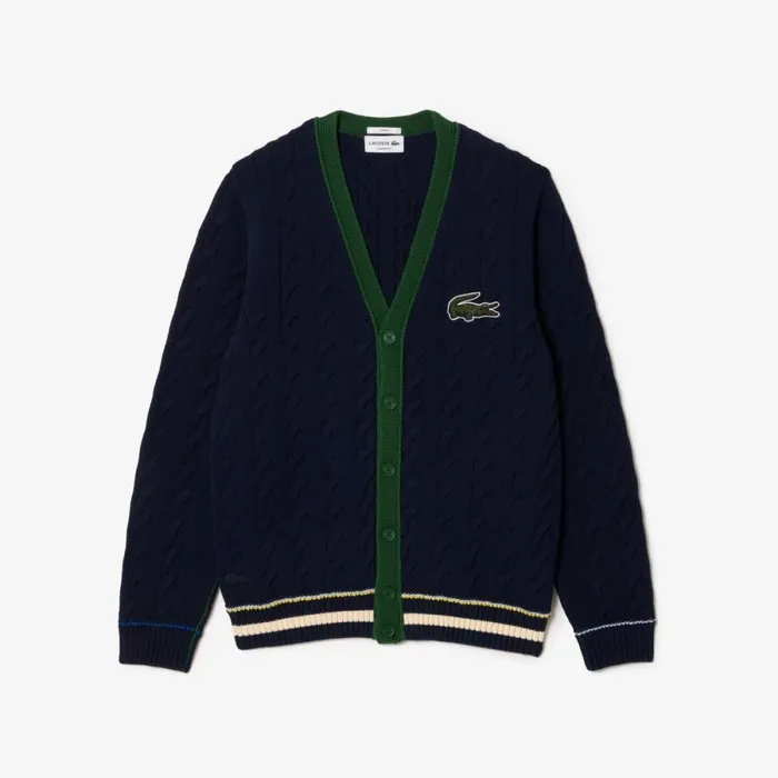 Sweaters and Sweatshirts MenWomen Lacoste Unisex Cable Knit Organic Cotton Cardigan Navy Blue White Qrn
