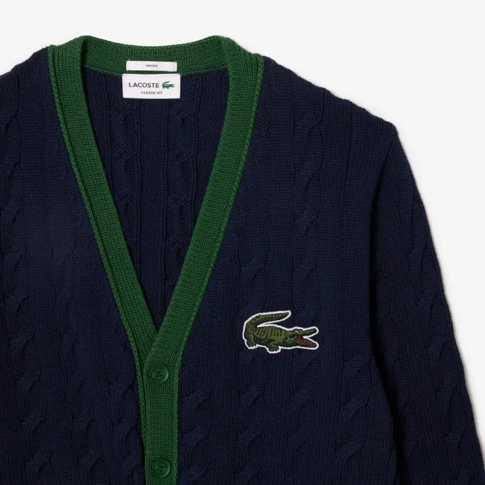 Sweaters and Sweatshirts MenWomen Lacoste Unisex Cable Knit Organic Cotton Cardigan Navy Blue White Qrn