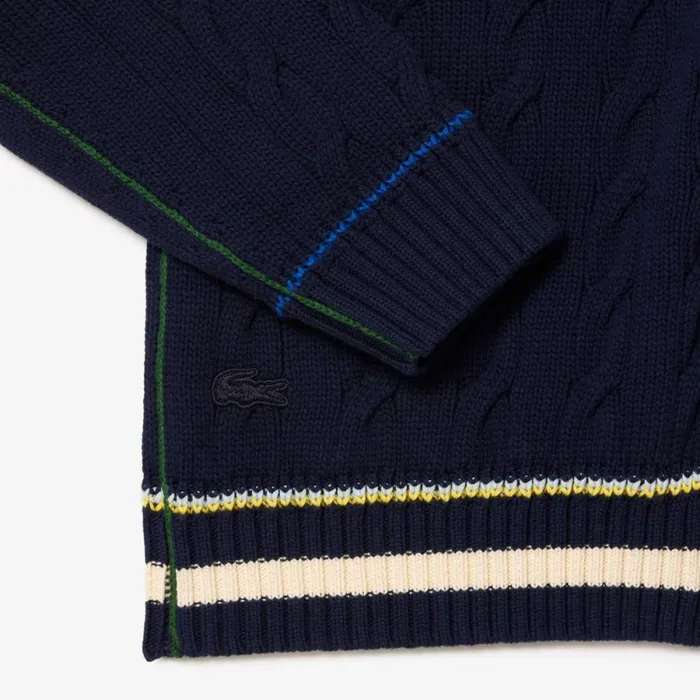 Sweaters and Sweatshirts MenWomen Lacoste Unisex Cable Knit Organic Cotton Cardigan Navy Blue White Qrn