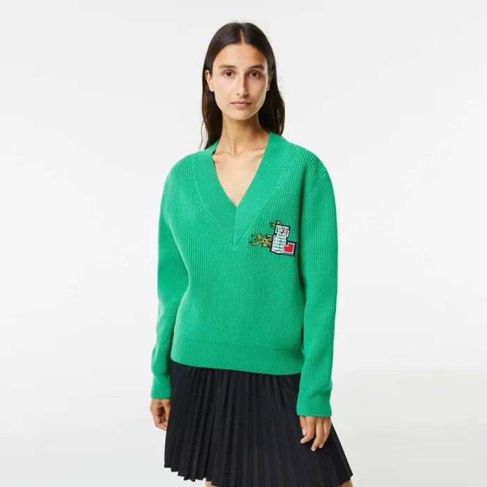 Sweaters and Sweatshirts Women Lacoste Women039s Comic Badge VNeck Wool Sweater Green Ldm Sweaters and Sweatshirts Women Lacoste Women039s Comic Badge VNeck Wool Sweater Green Ldm