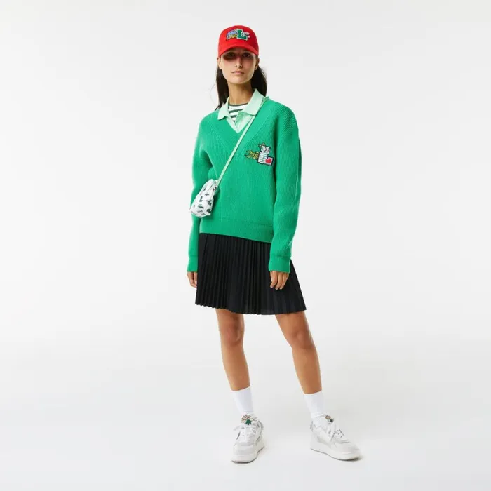 Sweaters and Sweatshirts Women Lacoste Women039s Comic Badge VNeck Wool Sweater Green Ldm