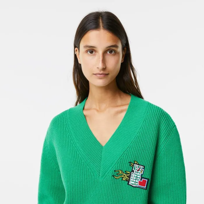 Sweaters and Sweatshirts Women Lacoste Women039s Comic Badge VNeck Wool Sweater Green Ldm