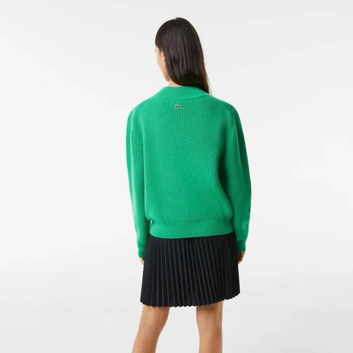 Sweaters and Sweatshirts Women Lacoste Women039s Comic Badge VNeck Wool Sweater Green Ldm