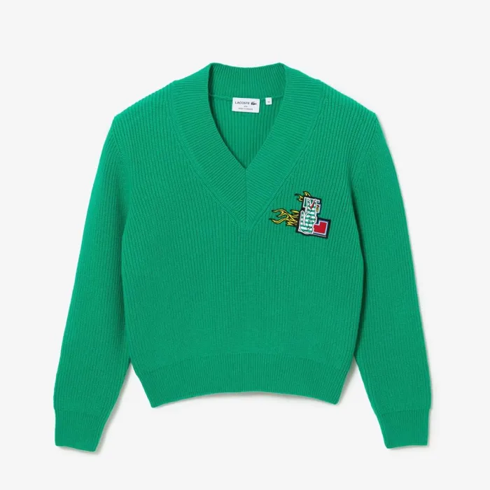 Sweaters and Sweatshirts Women Lacoste Women039s Comic Badge VNeck Wool Sweater Green Ldm