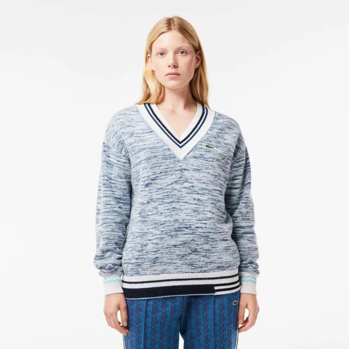 Sweaters and Sweatshirts Women Lacoste Women039s Contrast Stripe VNeck Alpaca Sweater White Navy Blue Blue Lxi