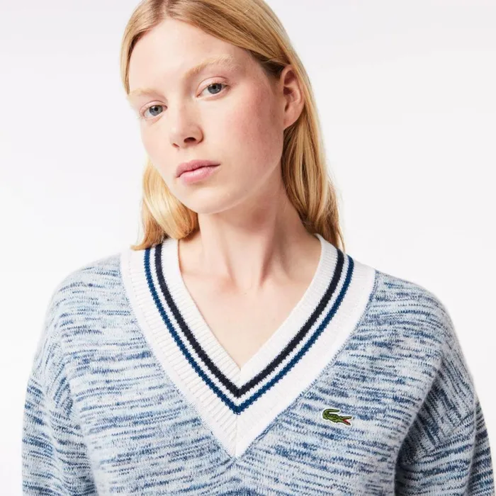 Sweaters and Sweatshirts Women Lacoste Women039s Contrast Stripe VNeck Alpaca Sweater White Navy Blue Blue Lxi