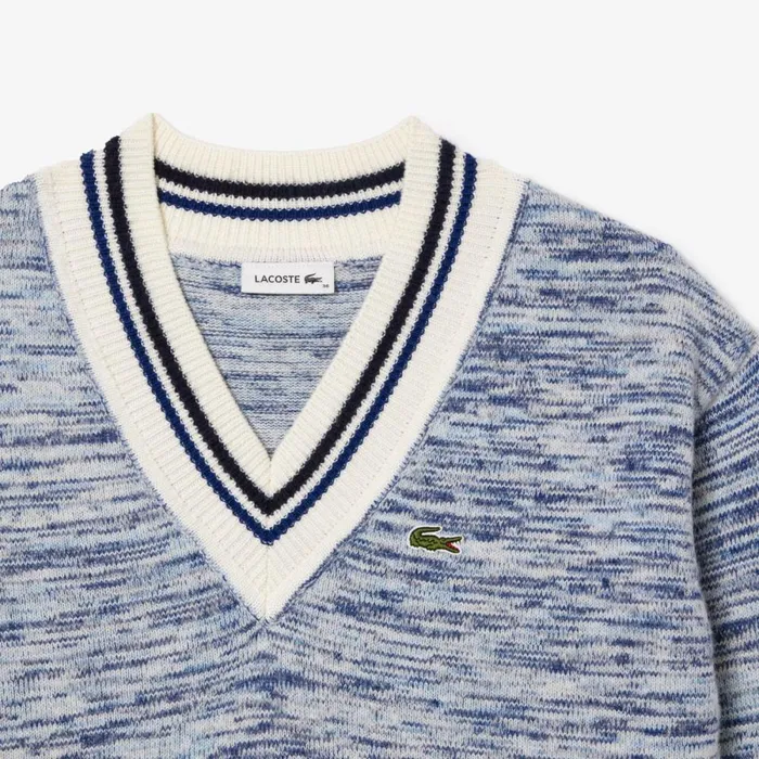 Sweaters and Sweatshirts Women Lacoste Women039s Contrast Stripe VNeck Alpaca Sweater White Navy Blue Blue Lxi
