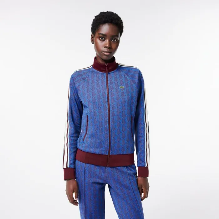 Sweaters and Sweatshirts Women Lacoste Women039s HighNeck ZipUp Jacquard Monogram Sweatshirt Blue Bordeaux Nji