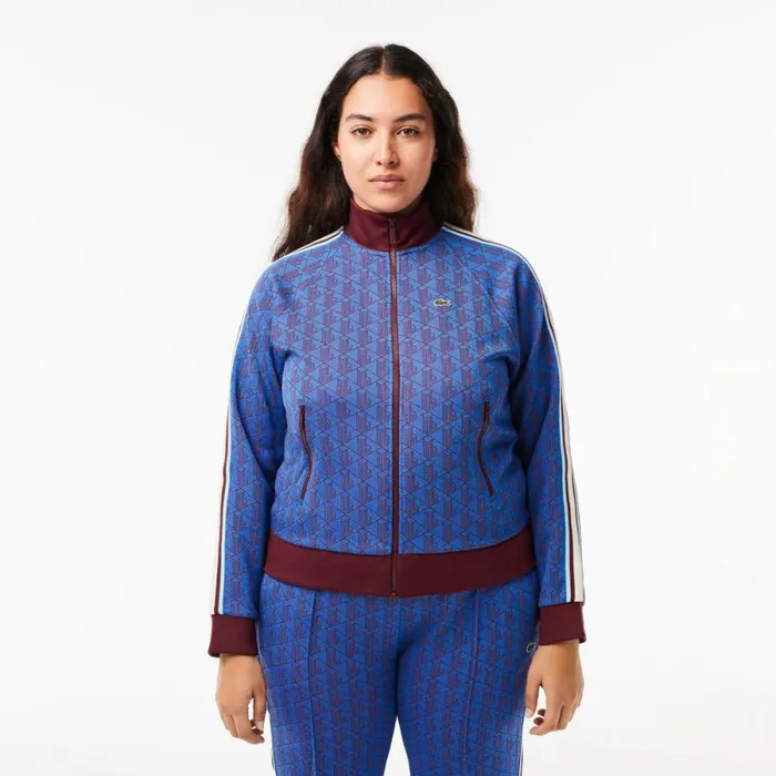 Sweaters and Sweatshirts Women Lacoste Women039s HighNeck ZipUp Jacquard Monogram Sweatshirt Blue Bordeaux Nji