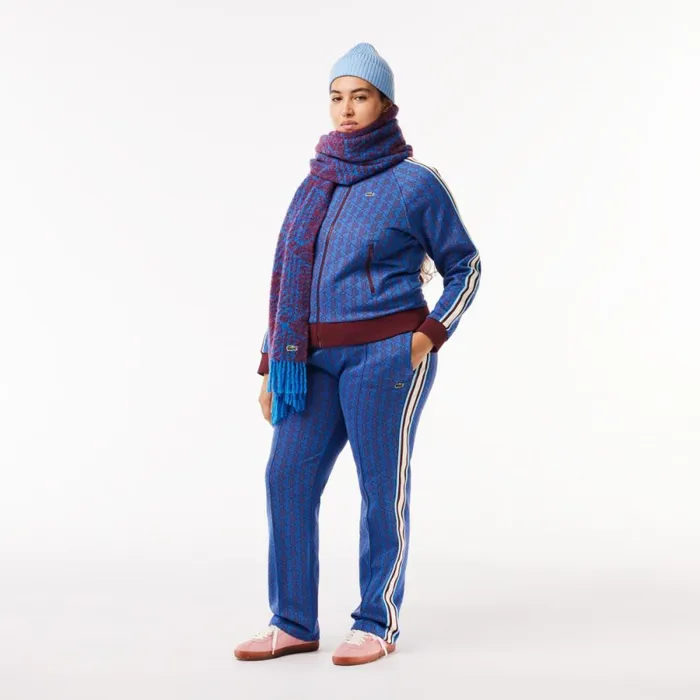Sweaters and Sweatshirts Women Lacoste Women039s HighNeck ZipUp Jacquard Monogram Sweatshirt Blue Bordeaux Nji