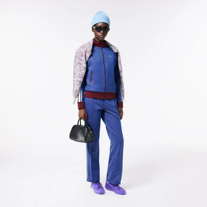 Sweaters and Sweatshirts Women Lacoste Women039s HighNeck ZipUp Jacquard Monogram Sweatshirt Blue Bordeaux Nji