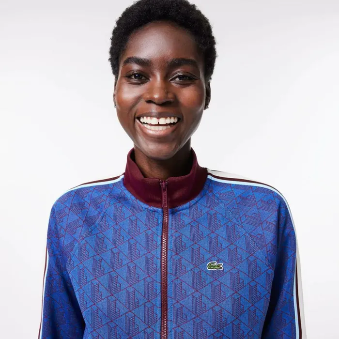 Sweaters and Sweatshirts Women Lacoste Women039s HighNeck ZipUp Jacquard Monogram Sweatshirt Blue Bordeaux Nji