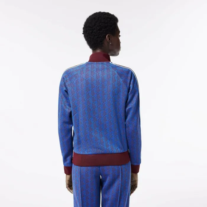 Sweaters and Sweatshirts Women Lacoste Women039s HighNeck ZipUp Jacquard Monogram Sweatshirt Blue Bordeaux Nji
