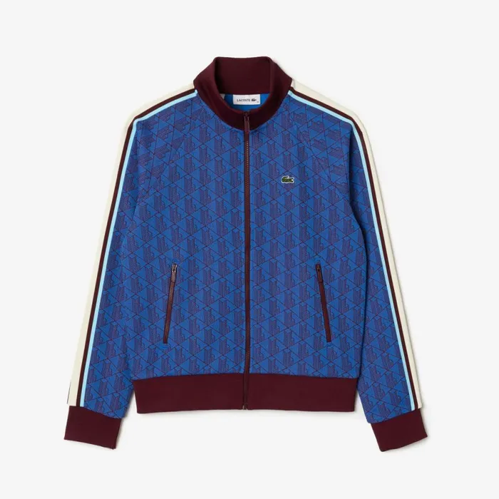 Sweaters and Sweatshirts Women Lacoste Women039s HighNeck ZipUp Jacquard Monogram Sweatshirt Blue Bordeaux Nji
