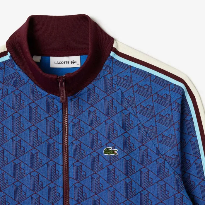 Sweaters and Sweatshirts Women Lacoste Women039s HighNeck ZipUp Jacquard Monogram Sweatshirt Blue Bordeaux Nji