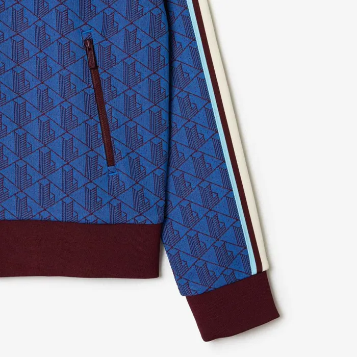 Sweaters and Sweatshirts Women Lacoste Women039s HighNeck ZipUp Jacquard Monogram Sweatshirt Blue Bordeaux Nji