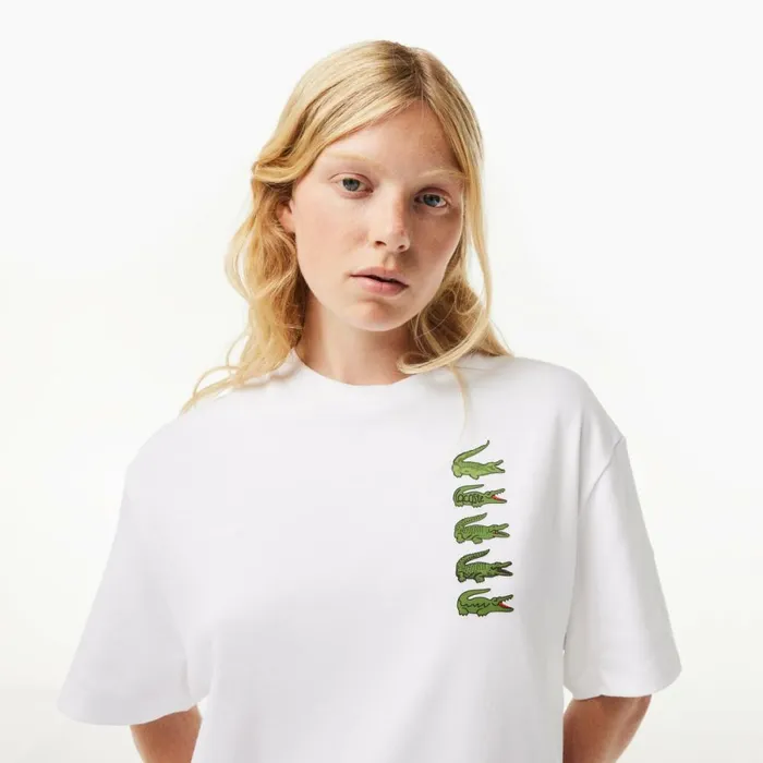 TShirts and Tops Women Lacoste Women039s Oversized Iconic Croc Print Cotton TShirt White 001