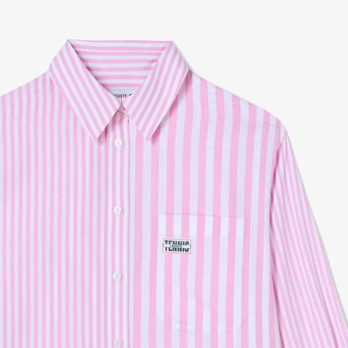 TShirts and Tops Women Lacoste Women039s Striped Cotton Poplin Shirt Pink White Iym