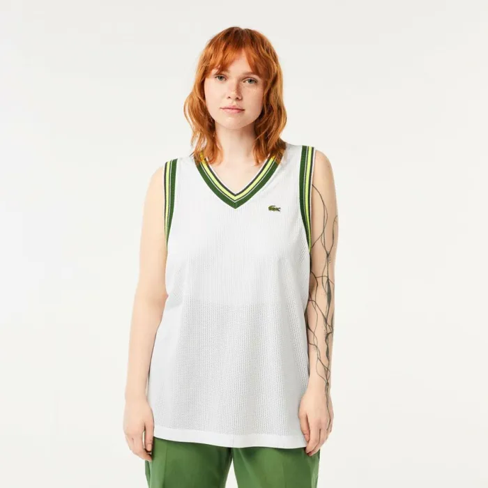 TShirts and Tops Women Lacoste Womens Contrast V Neck Tank Top White 001