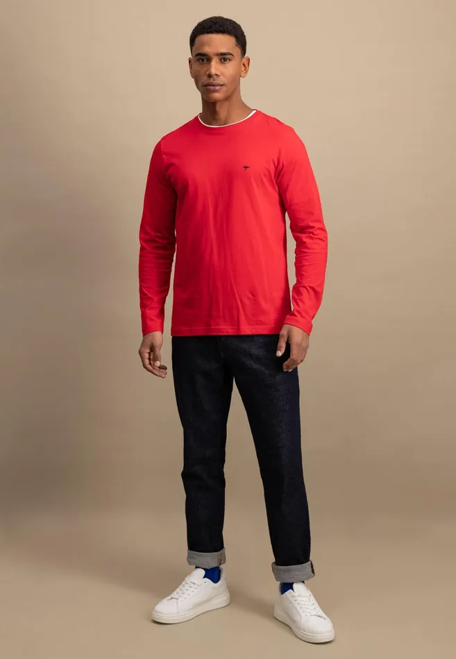 Tshirts Men FYNCHHATTON Long sleeved Shirt With A Round Neckline Navymidnightasphaltpoppy Redblackstrong Bluewhite