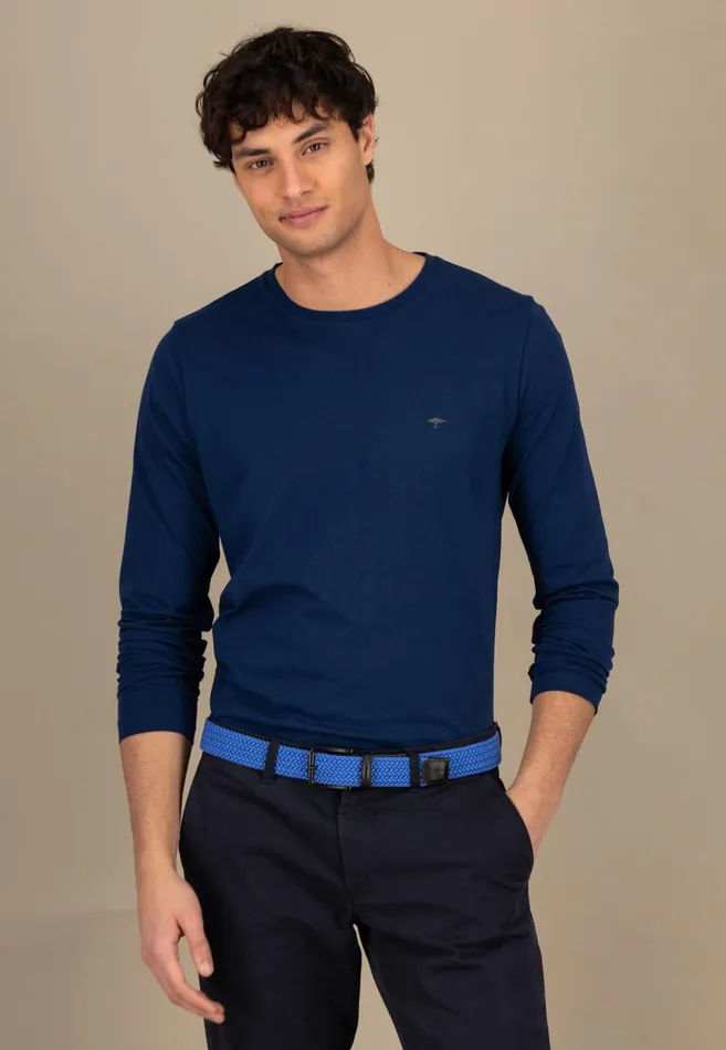 Tshirts Men FYNCHHATTON Long sleeved Shirt With A Round Neckline Navymidnightasphaltpoppy Redblackstrong Bluewhite