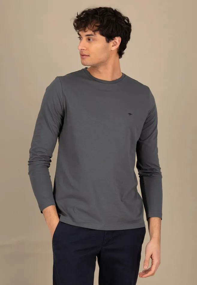 Tshirts Men FYNCHHATTON Long sleeved Shirt With A Round Neckline Navymidnightasphaltpoppy Redblackstrong Bluewhite