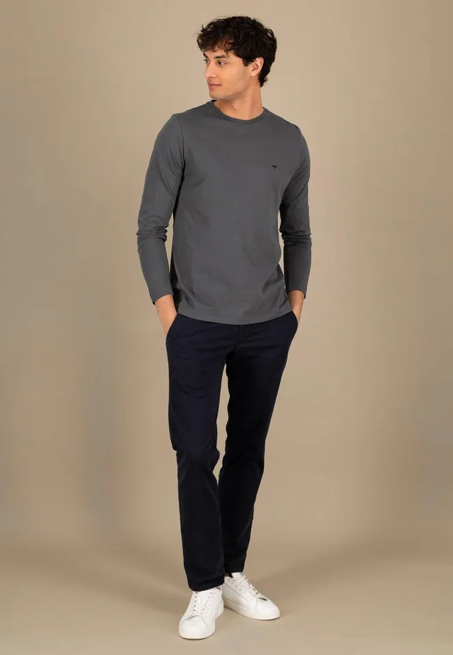 Tshirts Men FYNCHHATTON Long sleeved Shirt With A Round Neckline Navymidnightasphaltpoppy Redblackstrong Bluewhite
