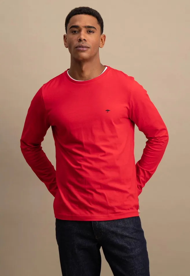 Tshirts Men FYNCHHATTON Long sleeved Shirt With A Round Neckline Navymidnightasphaltpoppy Redblackstrong Bluewhite