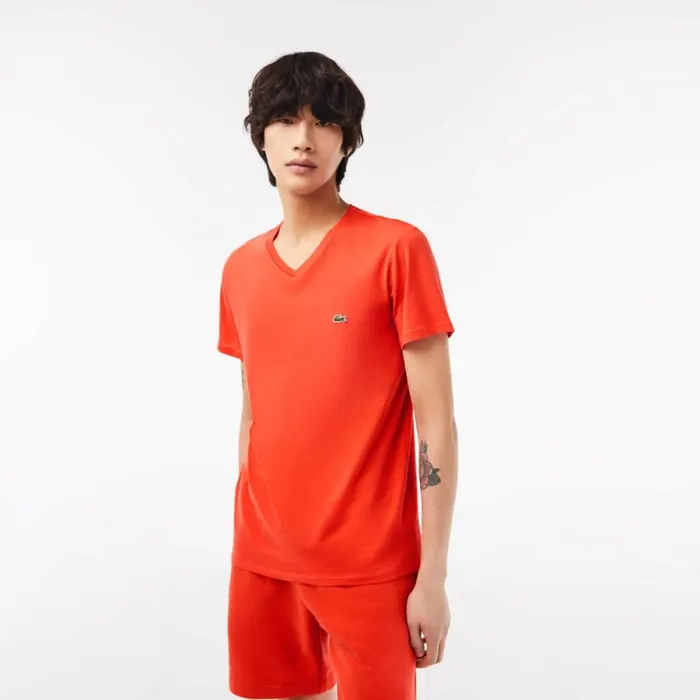 TShirts Men Lacoste Men039s VNeck Pima Cotton Jersey TShirt Orange 02k