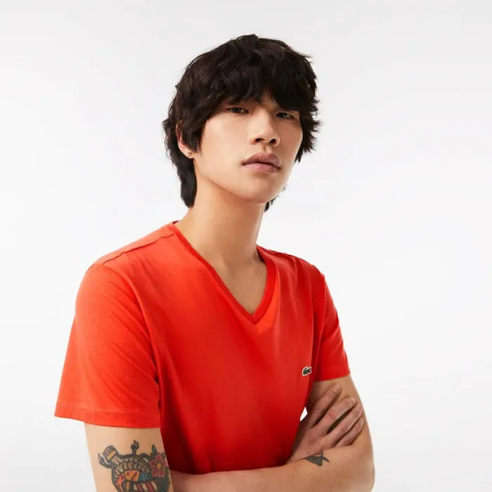 TShirts Men Lacoste Men039s VNeck Pima Cotton Jersey TShirt Orange 02k