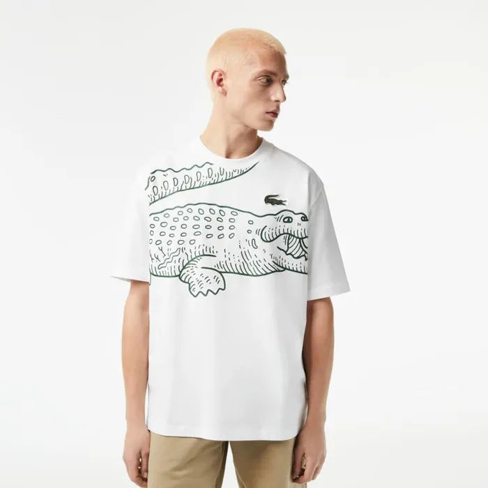 TShirts Men Lacoste Mens Loose Fit Crocodile Print Crew Neck TShirt White 001