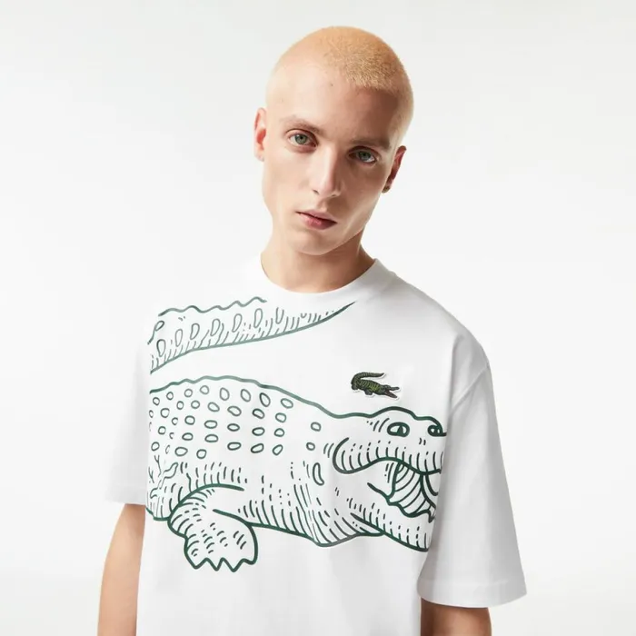TShirts Men Lacoste Mens Loose Fit Crocodile Print Crew Neck TShirt White 001