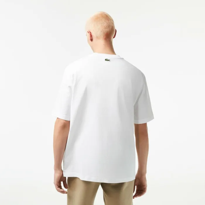 TShirts Men Lacoste Mens Loose Fit Crocodile Print Crew Neck TShirt White 001