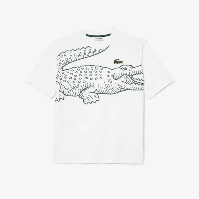 TShirts Men Lacoste Mens Loose Fit Crocodile Print Crew Neck TShirt White 001