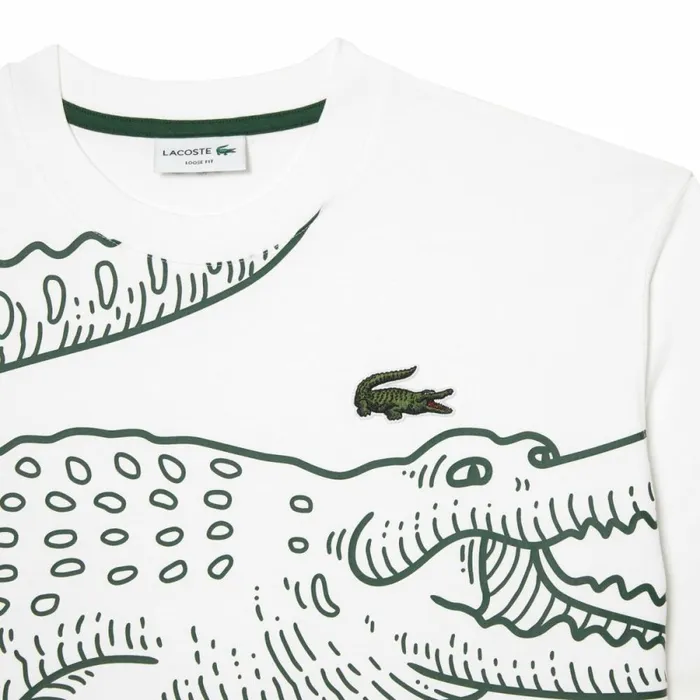 TShirts Men Lacoste Mens Loose Fit Crocodile Print Crew Neck TShirt White 001