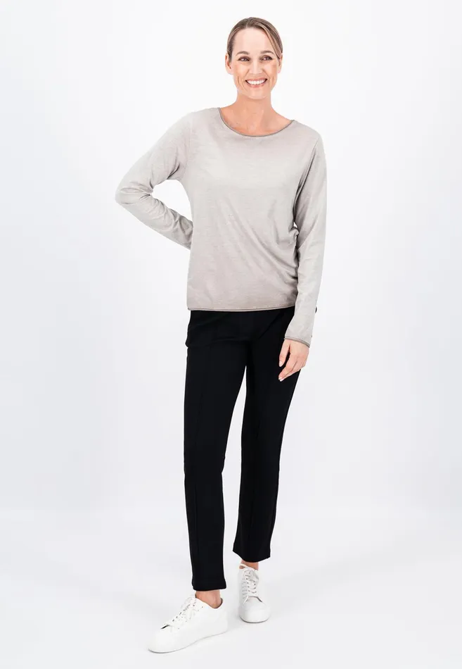Tshirts Women FYNCHHATTON Long sleeved Shirt With A Round Neckline Elegant Pinkfaded Lavendertaupemodern Plum