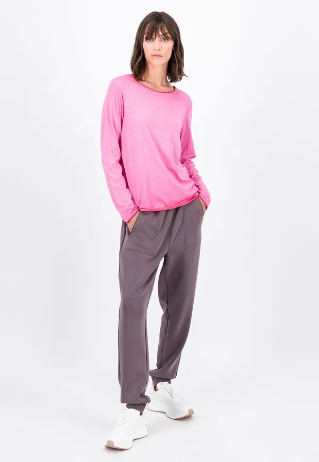 Tshirts Women FYNCHHATTON Long sleeved Shirt With A Round Neckline Elegant Pinkfaded Lavendertaupemodern Plum