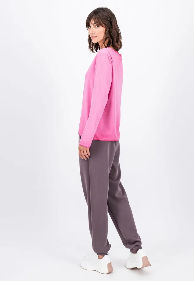 Tshirts Women FYNCHHATTON Long sleeved Shirt With A Round Neckline Elegant Pinkfaded Lavendertaupemodern Plum
