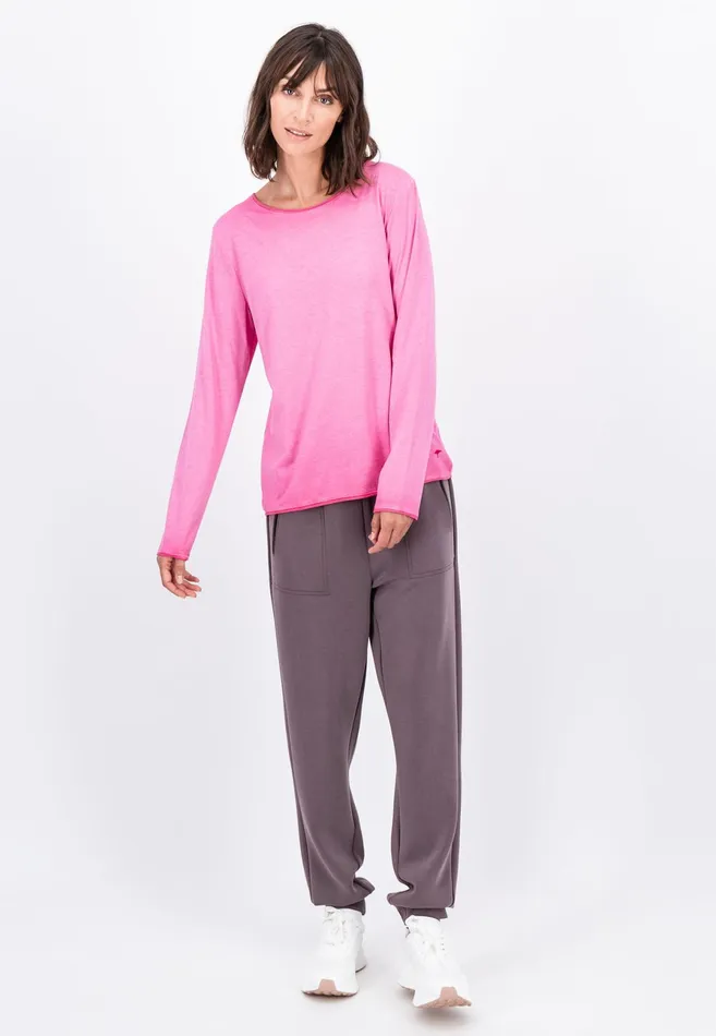 Tshirts Women FYNCHHATTON Long sleeved Shirt With A Round Neckline Elegant Pinkfaded Lavendertaupemodern Plum