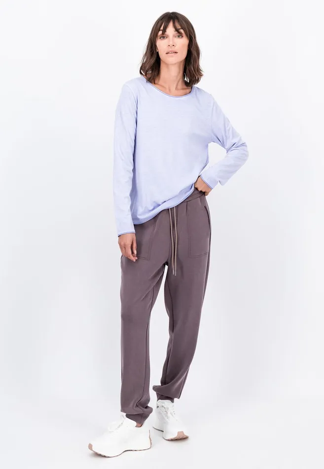 Tshirts Women FYNCHHATTON Long sleeved Shirt With A Round Neckline Elegant Pinkfaded Lavendertaupemodern Plum