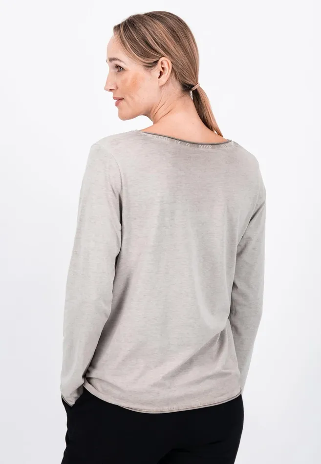 Tshirts Women FYNCHHATTON Long sleeved Shirt With A Round Neckline Elegant Pinkfaded Lavendertaupemodern Plum