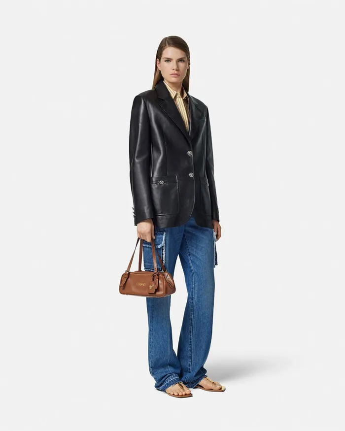Top Handle WomenMen Versace Tag Bowling Shoulder Bag Brown