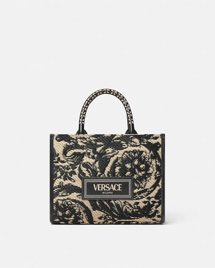 Totes Women Versace Barocco Athena Raffia Small Tote Bag Blackprint