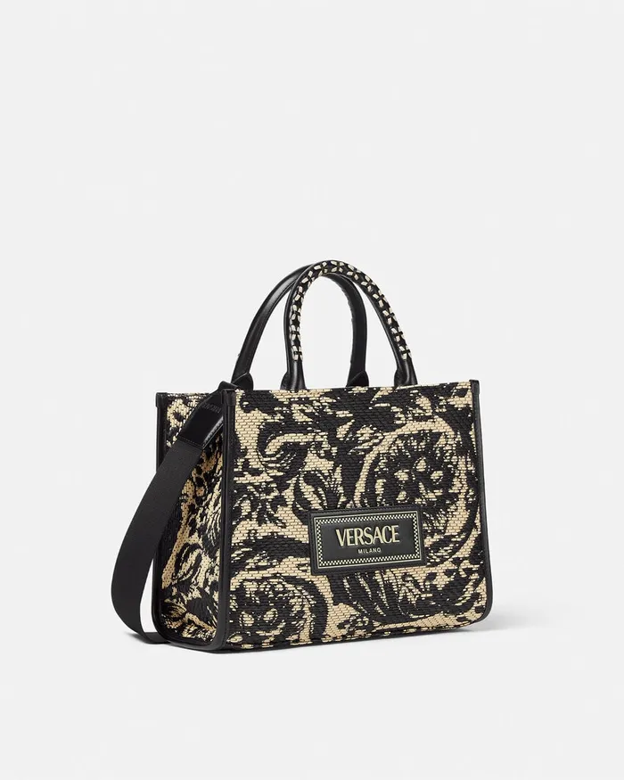 Totes Women Versace Barocco Athena Raffia Small Tote Bag Blackprint